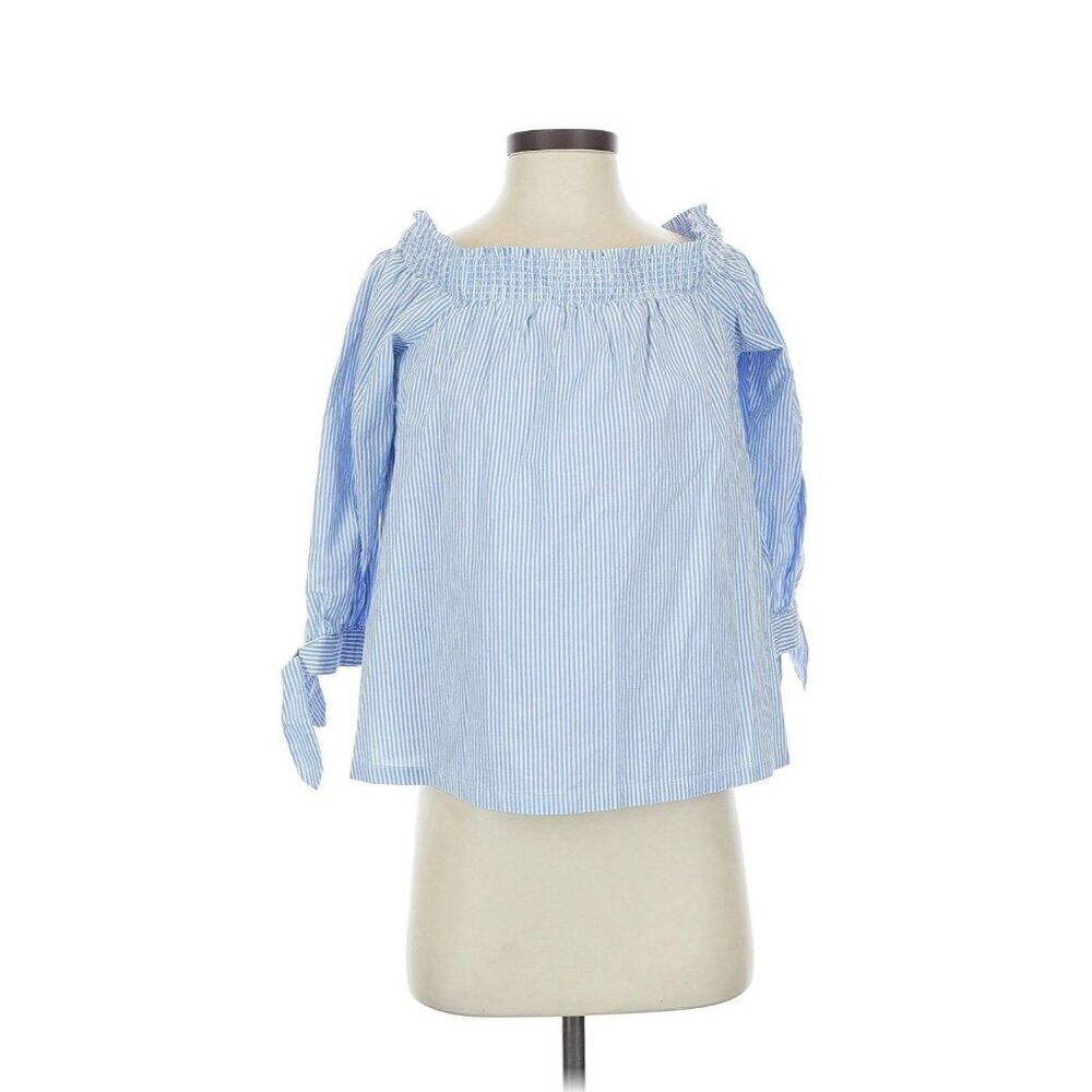 Ann Taylor LOFT Petite Blue Stripe Off Shoulder Tie Sleeve Blouse LP